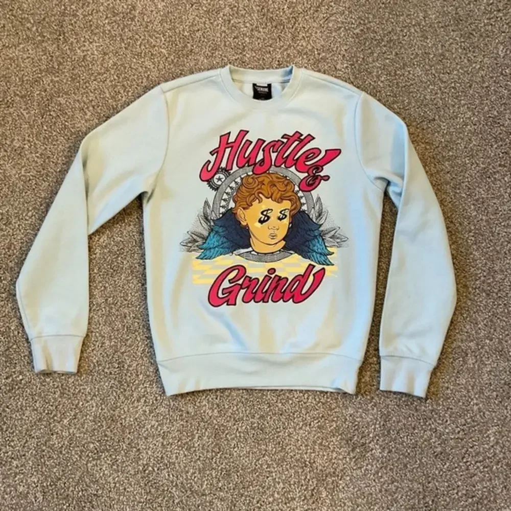 Genuine Authentic Garments Hustle Pullover Sweatshirt Embroidery Graphic Blue Sm